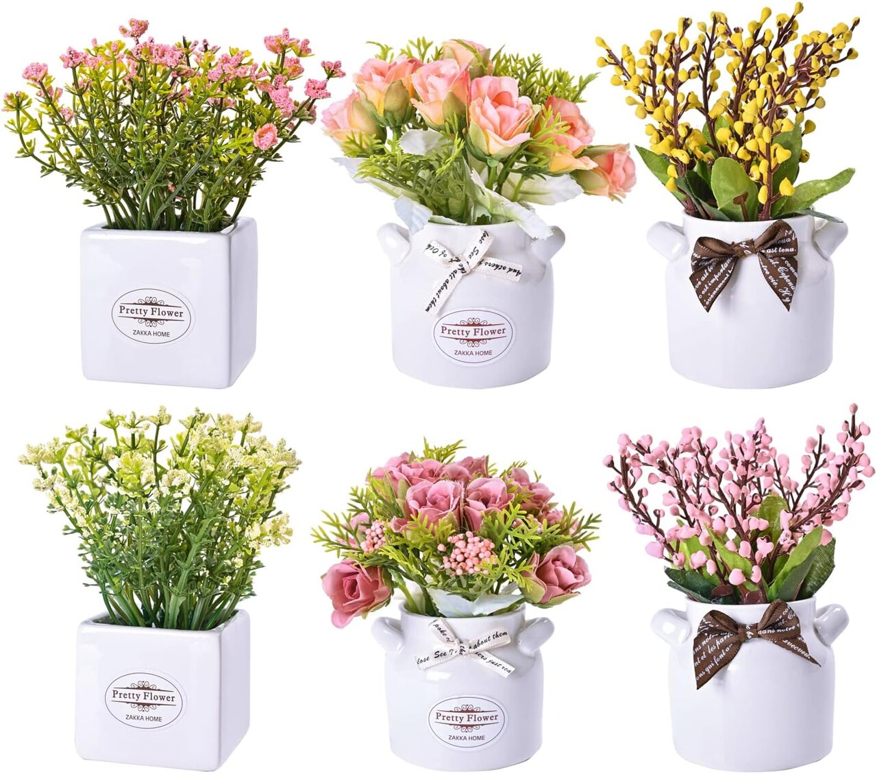 6-Piece Artificial Flowers in Ceramic Pots – Faux Spring Flower Arrangements, Small Vases for Easter, Farmhouse Home, Office, and Table Centerpiece Decor